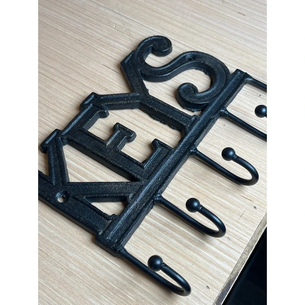 Vintage Cast Iron Wall Mounted Key Rack 5 Hook Entryway Organizer Black Rustic